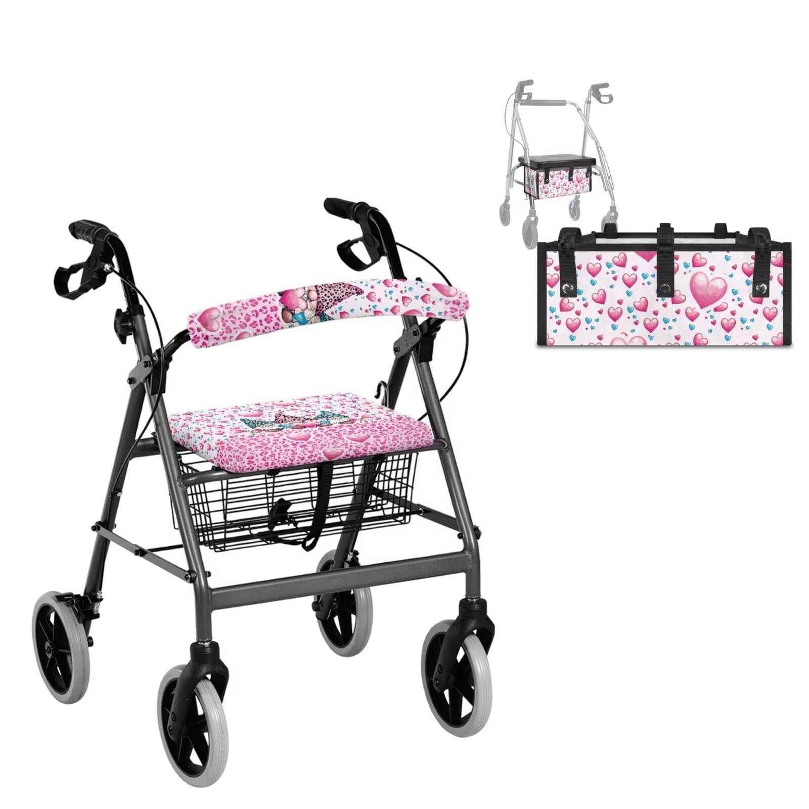 Gnome Drive Rollator Accessories Love Heart 折りたたみ式ウォーカーバスケットオーガナイザーポーチトート バレンタインデー ウォーカーバッグ ソフトでポータブルなホリデーデコレーション ノームラブハート