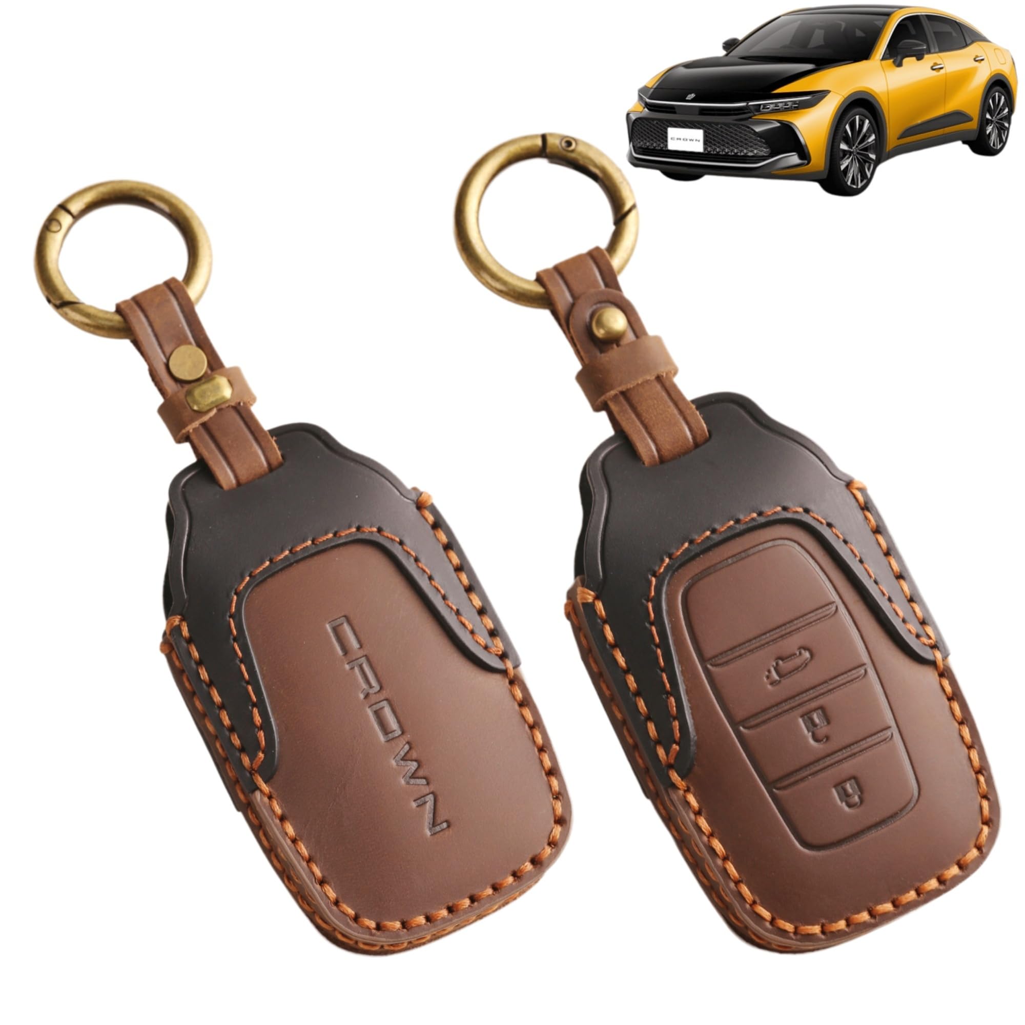 Compatible New Crown Custom Parts Accessories Crown Sport Crown Crossover Keychain Key Holder Genuine Leather Custom Accessory Parts Dress Up Interior Parts Fall Damage Prevention (Logo 3 button brown with logo