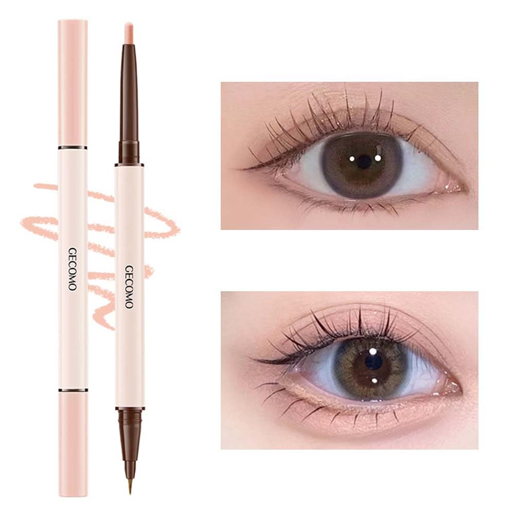 GECOMO [Popular] Double Core Eyeliner, Tear Bag Liner, Waterproof Pencil Eyeliner [Pencil & Liquid 2-in-1] MABENI Popular Cosmetics, Highly Adhesive, Double Line Expert, Greige for Shadows, Emphasize 02# nude apricot color