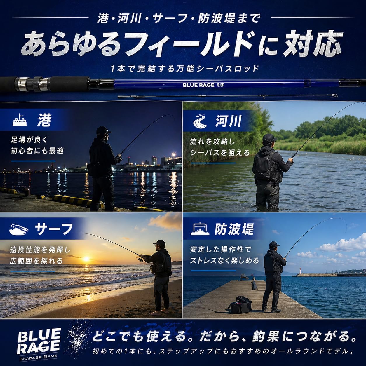 Удилище для ловли морского окуня UNICITE 8,6/9,0 футов 26 BLUE RAGE, состоящее из 2 частей, универсальная модель приманки, 12-40 г, PE0.8-1.5, соответствует требованиям cospa strongest., фото 3