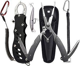 D.B.J フィッシュグリップ&フィッシュプライヤー 2点セット 魚掴み器 釣り用ペンチ 釣り具 フィッシュキャッチャー ロング メジャー ステンレス製 防錆性 スパイラルコードとカラビナ付き 多機能 片手操作 計量機能あり 釣りルアーも1個付き