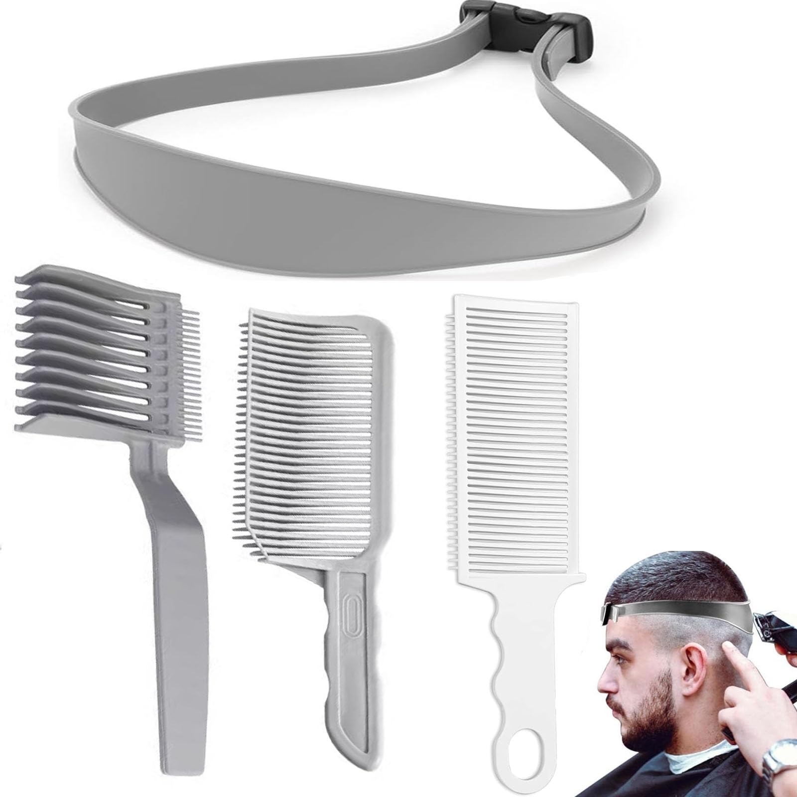 KALOLINNA Hairdressing Tools Fade Comb Set of 4, 3 Hair Styling Combs + 1 Hair Tie, Curved Positioning Comb, Silicone, Hair Cutting Band, Self-Cut for Men, Home Use, Barbershop Tools, Beginners, Easy