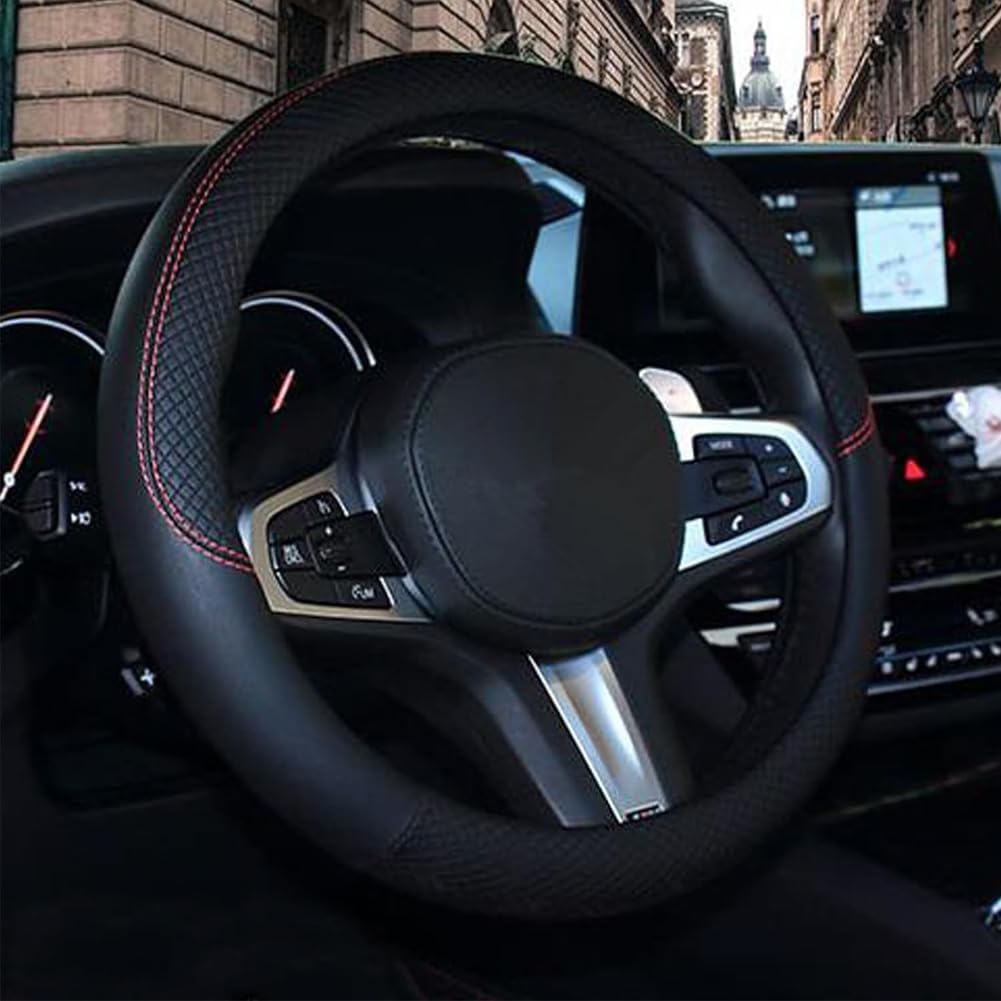 Чехол для ручки HUACHENG для автомобиля Mini Чехол для рулевого управления небольшого размера из натуральной кожи, защитный чехол для обычной автомобильной ручки, черный / универсальный, модный, дышащий, противоскользящий, городской карбон, антибактериальный дезодорант, всесезонный, устойчивость к старению, повышенная влагопроницаемость, износостойкость, водонепроницаемость, Защита от грязи, фото 2