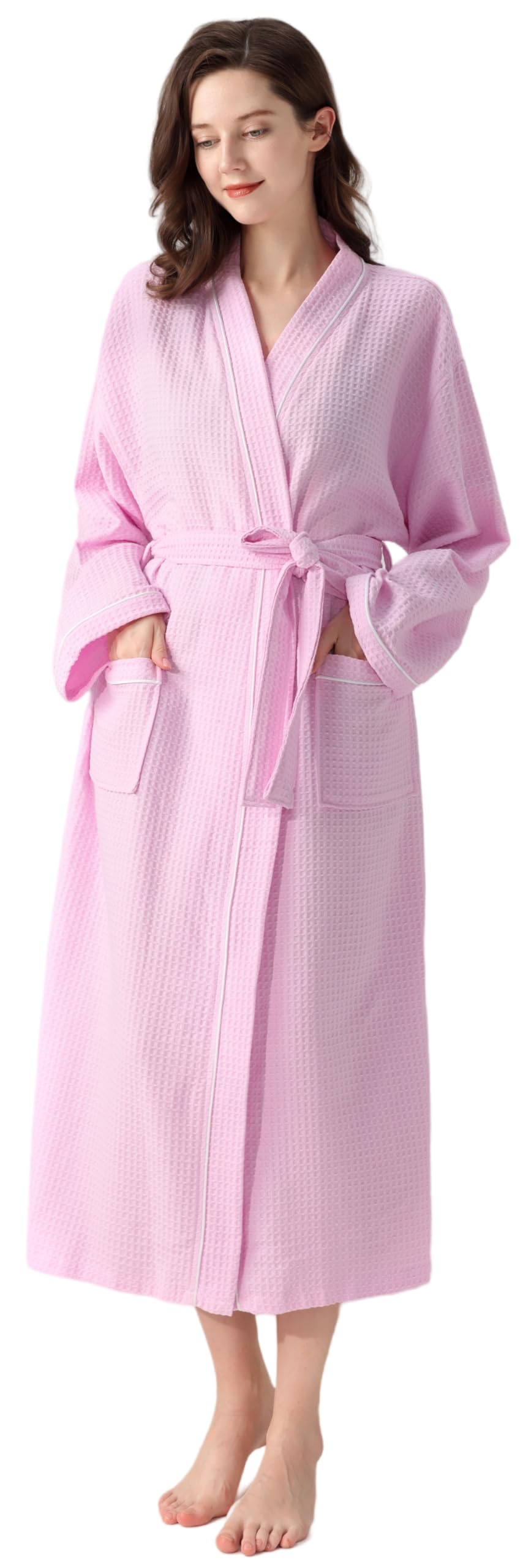 100% Cotton Waffle 3D Woven Fabric Bathrobe, Men's and Women's Robe, Roomwear, Gown, Gentle Touch, Unisex, Hotel, Post-Bath, Absorbent, Quick-Drying, Warmth, Bath Essentials, Spring, Summer Large Pink