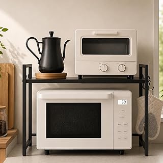 DAIWIN レンジ上ラック トースターラック レンジラック 伸縮式 幅(36~65cm) 棚板高さ調節可 耐荷重50kg シンク上キッチン収納ラック フック4個付き (ブラック)