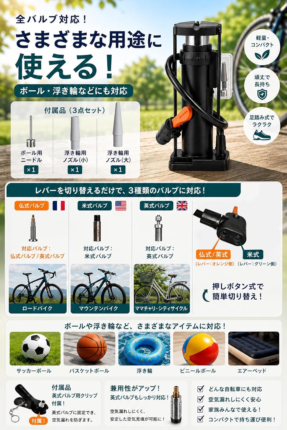 Велосипедный воздушный насос Presta Style, Аксессуар для насосов, Совместимый с клапанами Buddha, English и Schrader, Бренд Amazon Limited, Компактный, Ножной, Шариковый, Популярный, Портативный, Для велосипедов, Шарики черные, фото 4