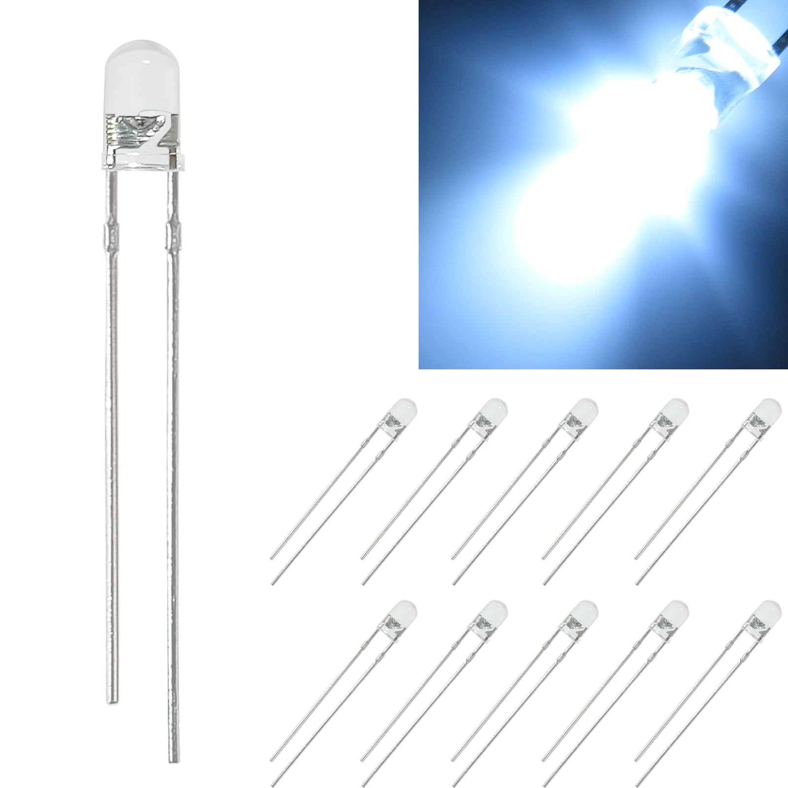 Hi-FIELD Ultra Bright LED White 3mm 18000mcd 20mA 30° Artillery Type Light Emitting Diode 10pcs 10個入 white color