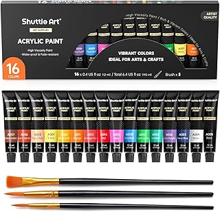 Shuttle Art アクリル絵の具 アクリル顔料 16色セット ペイントブラシ3本付き 速乾 耐久 チューブ 12ml 手作り 布/石/ガラス/セラミックに描ける 子供用 イラスト 塗り絵 クラフト 美術 画材 宿題 初心者 専門家