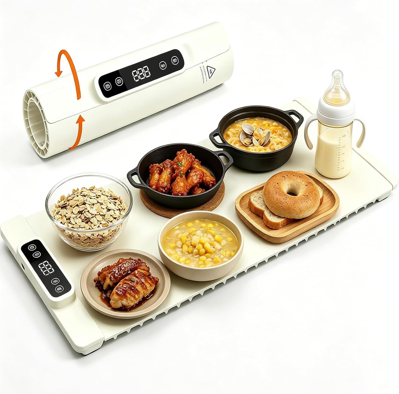 Food Warmer, Thermal Plate, Thermal Mat, 23.6 x 15.0 inches (60 x 38 cm), Compact, Silicone, Foldable, Temperature Adjustable, LED Display, 1-4 Hours Timer, Child Lock, Auto Off, 450 W, Household Use 2-white 60*38