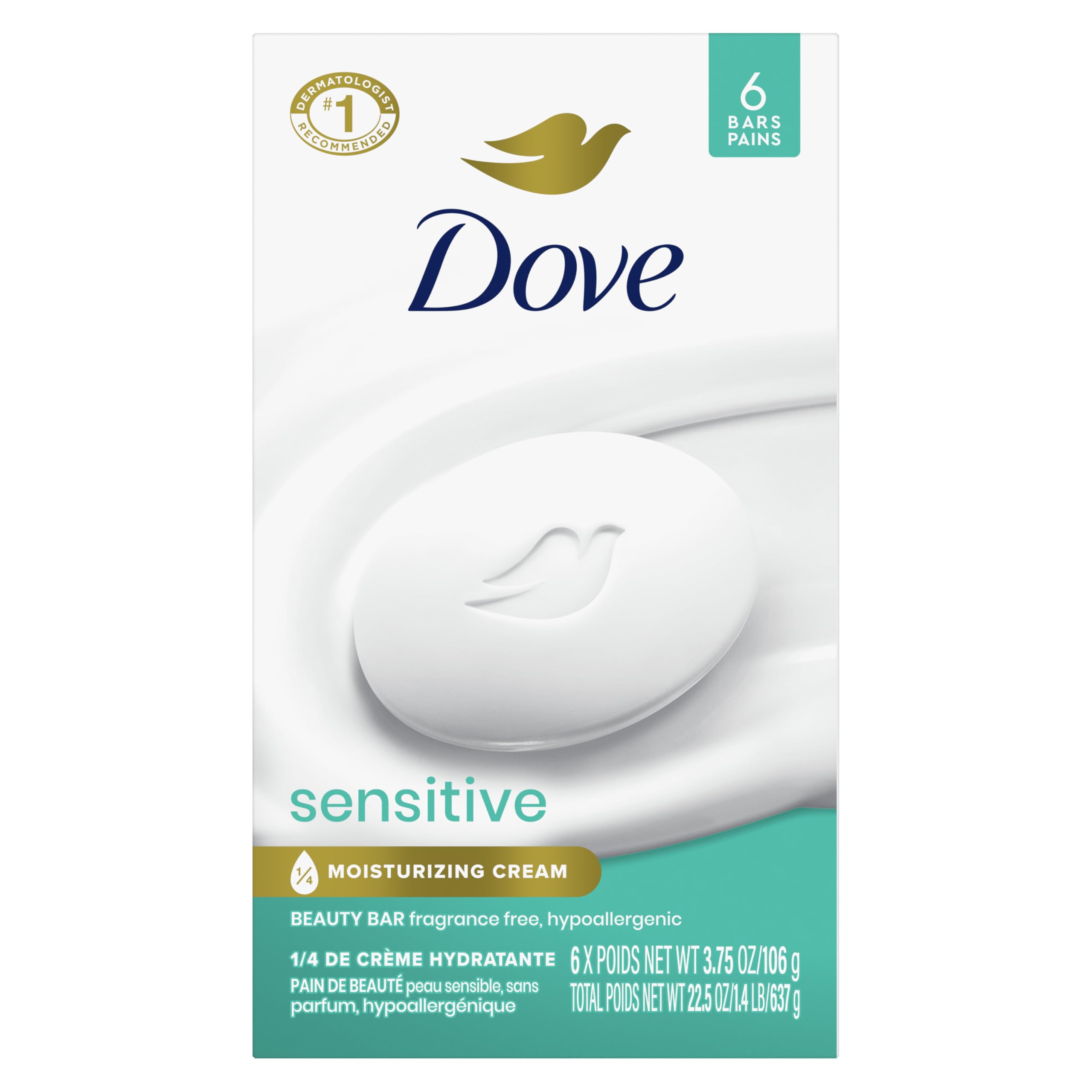 Dove Beauty Bar More Moisturizing Than Bar Soap for Softer Skin, Fragrance-Free, Hypoallergenic Beauty Bar Sensitive Skin With Gentle Cleanser 3.75 oz, 6 Bars