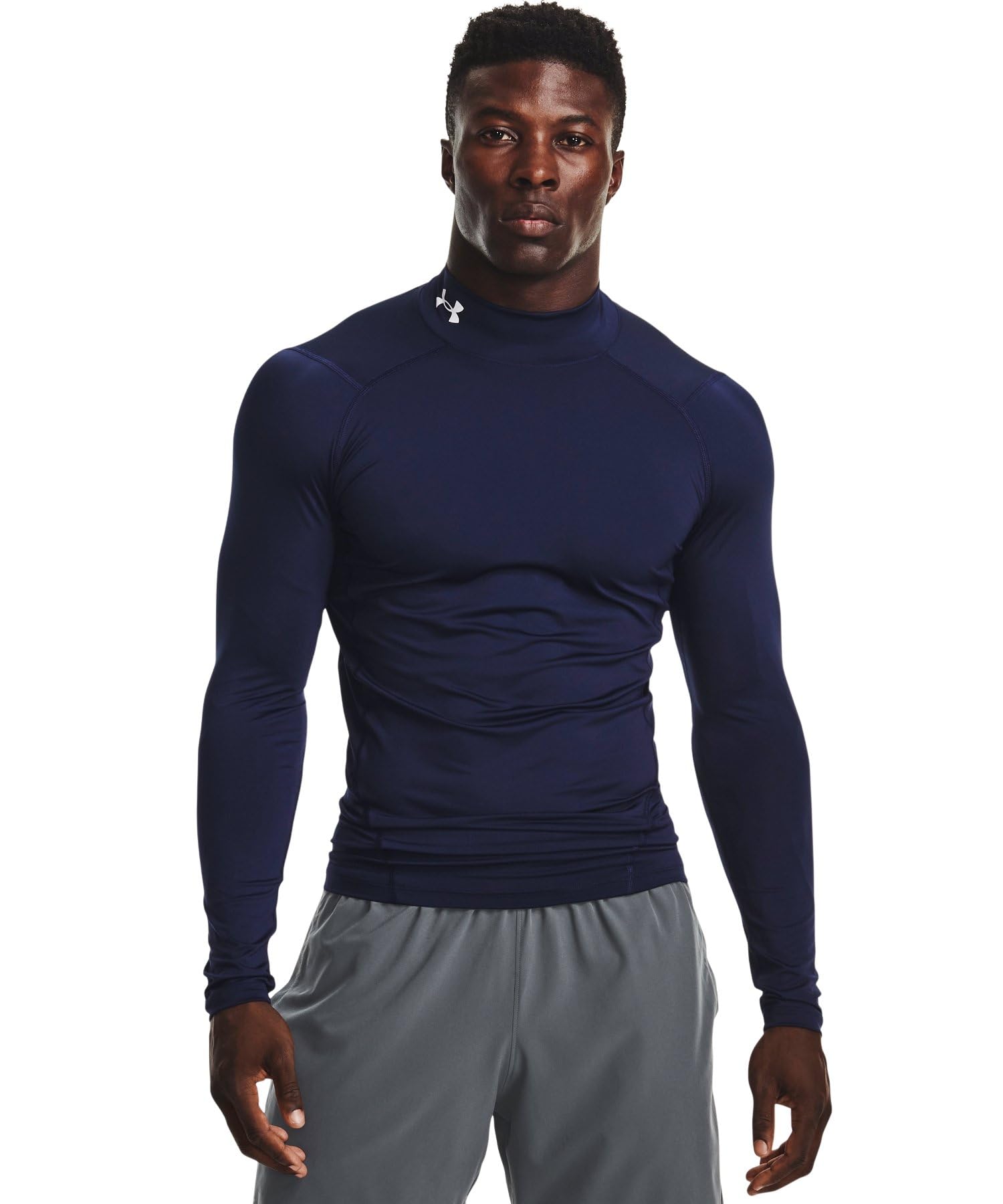 Under Armour ベースレイヤーUAヒートギアアーマー コンプレッション ロングスリーブ モック シャツメンズ Large Midnight Navy / / White