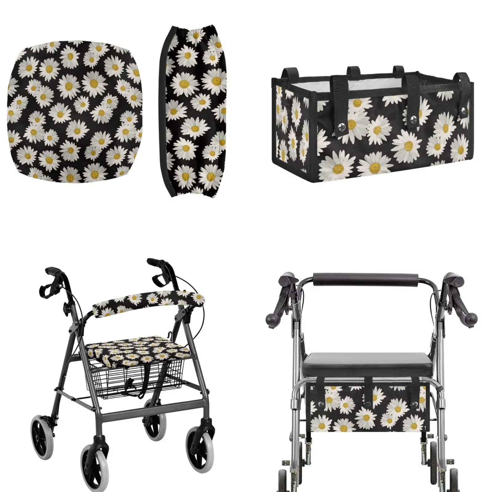 LedBack Rollator Walker Accessories 3パック デイジーローラーウォーカーシートと背もたれロールバーカバー ソフト ユニバーサルウォーカーシートカバー オーガナイザーポーチ収納