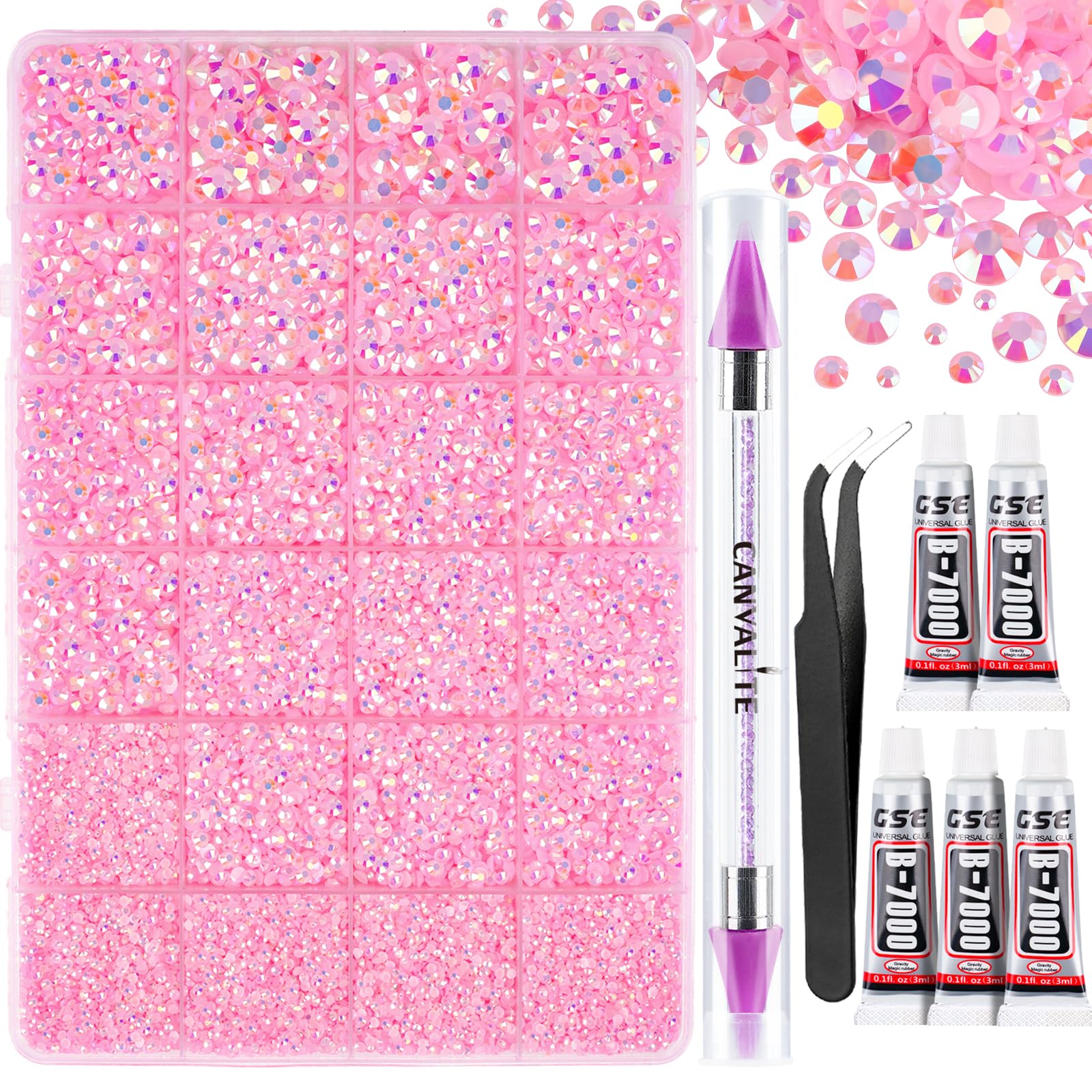 Canvalite 25000PCS Resin Jelly Rhinestones for Crafting, Pink AB Flatback Gems, Bedazzling Crystal with 5x2.5g B7000 Jewelry Glue and Tweezers Dotting pen for DIY Crafts Clothing Shoes Nail Art