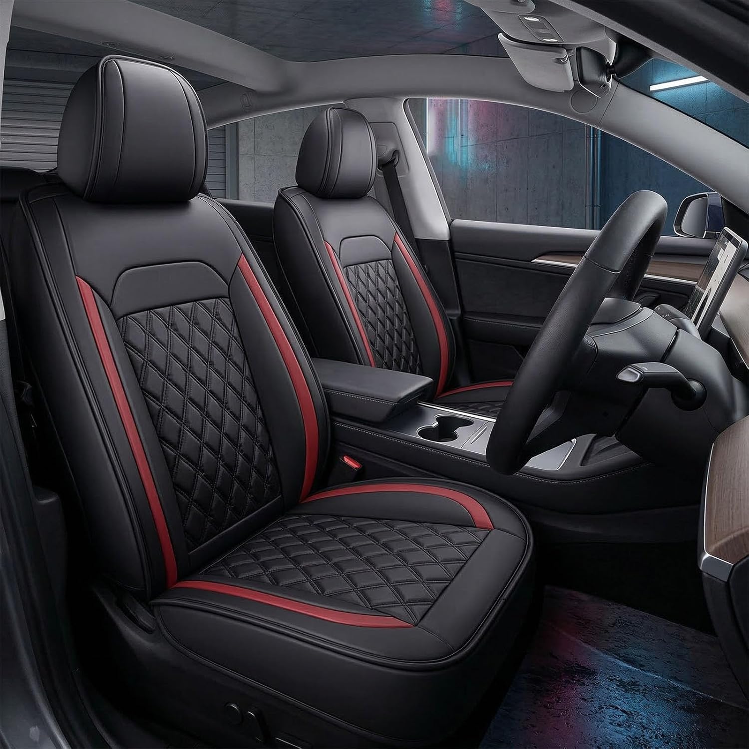 Чехол на автокресло, совместимый с Daihatsu Cast LA250S, LA260S, 3D-дизайн, кожаный материал, чёрный/красный, фото 6