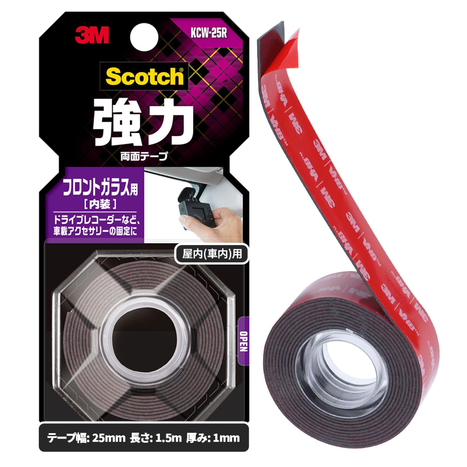 3M Scotch KCW-25R Strong Double-Sided Tape for Windshields, Black, 1.0 in x 4.9 ft (25 mm x 1.5 m) f. 25 mm x 1.5 m Windshield