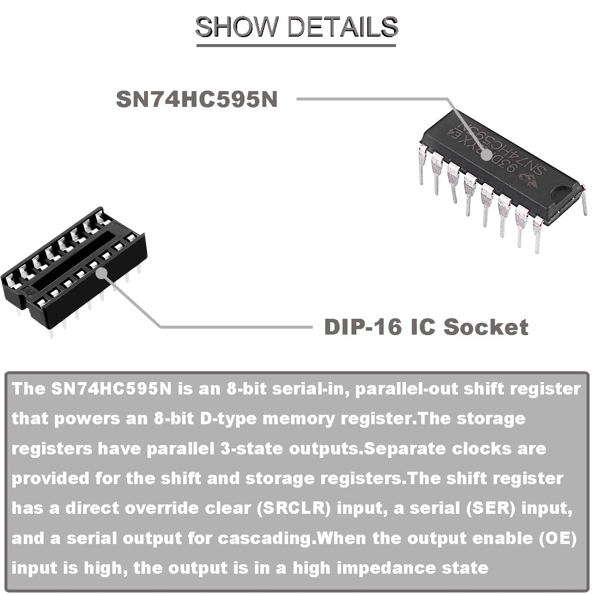 20 Шт. DIP-16 SN74HC595N, 8-разрядный регистр сдвига счетчика, 74HC595 DIP-16, Выходной регистр с 3 состояниями, Высокоскоростная интегральная схема передачи данных + 20 шт. разъемов DIP-16 для микросхем, фото 2