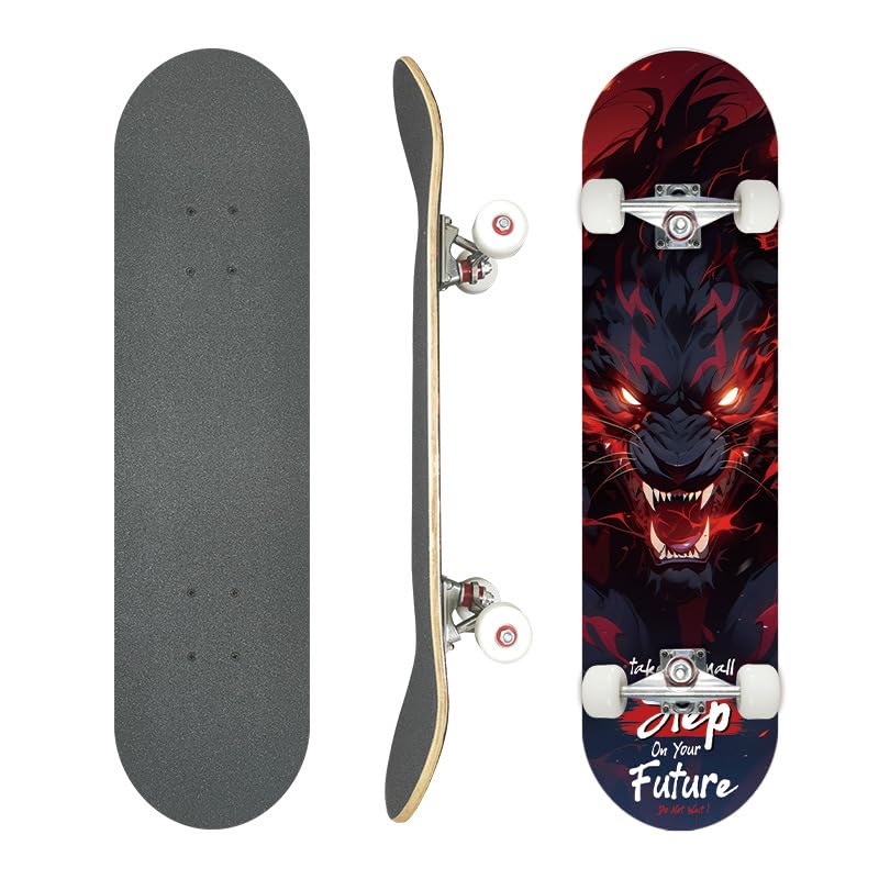31 Inch Skateboard, Adult, Maple Wood, 4 Wheels, For Beginners, Children, Concave Plate, For Beginners, Elementary Schools, Kids, Skateboard, Complete Skateboard Deck, Complete Product Night Lion