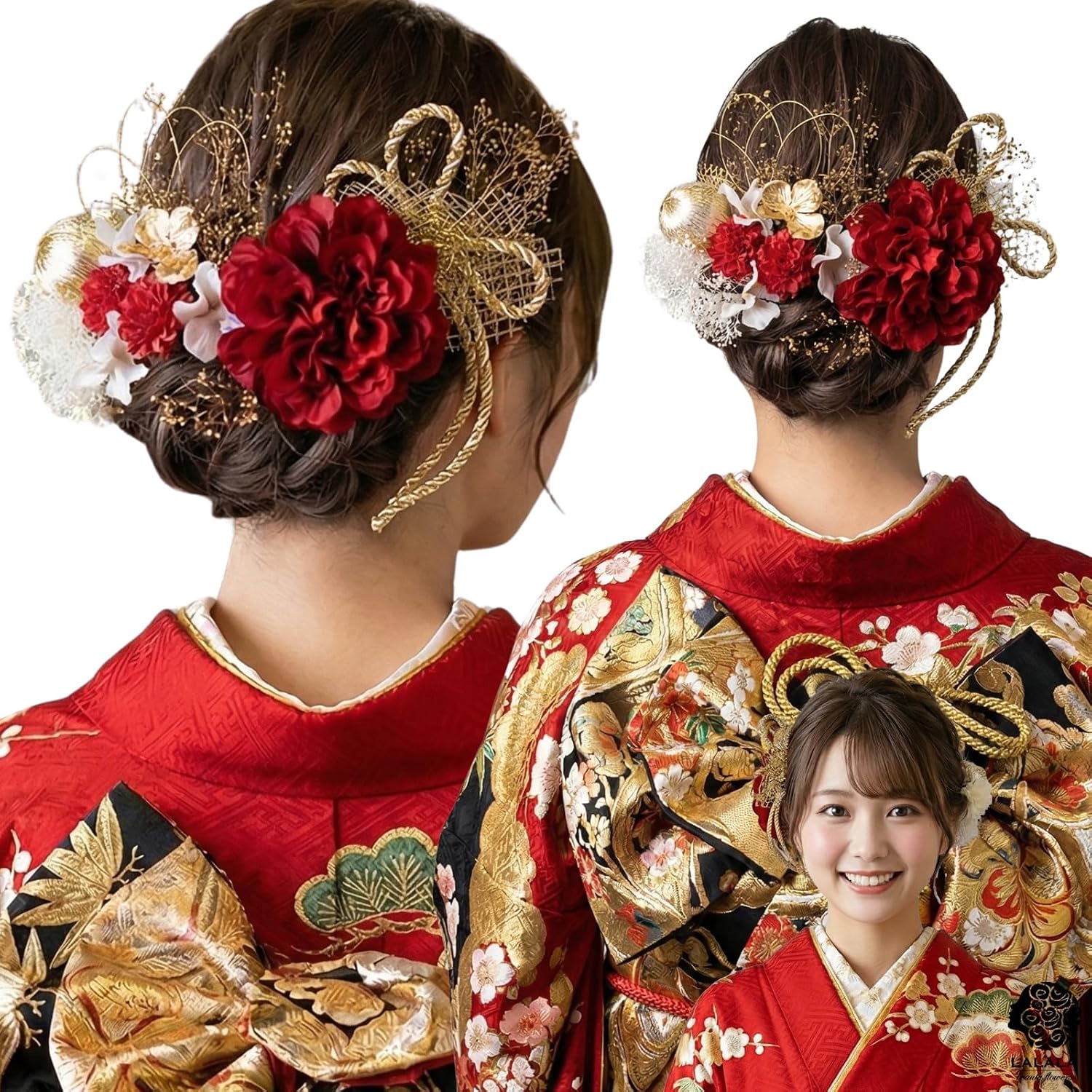 [LALALA beauty flowers] Украшение для волос на церемонию совершеннолетия, красный Фурисодэ, красный выпускной, кимоно Хакама, кимоно Шичигосан, свадебный аксессуар для двадцатилетних, аксессуар для волос (красный георгин/ Красная мама) 2101a, фото 3