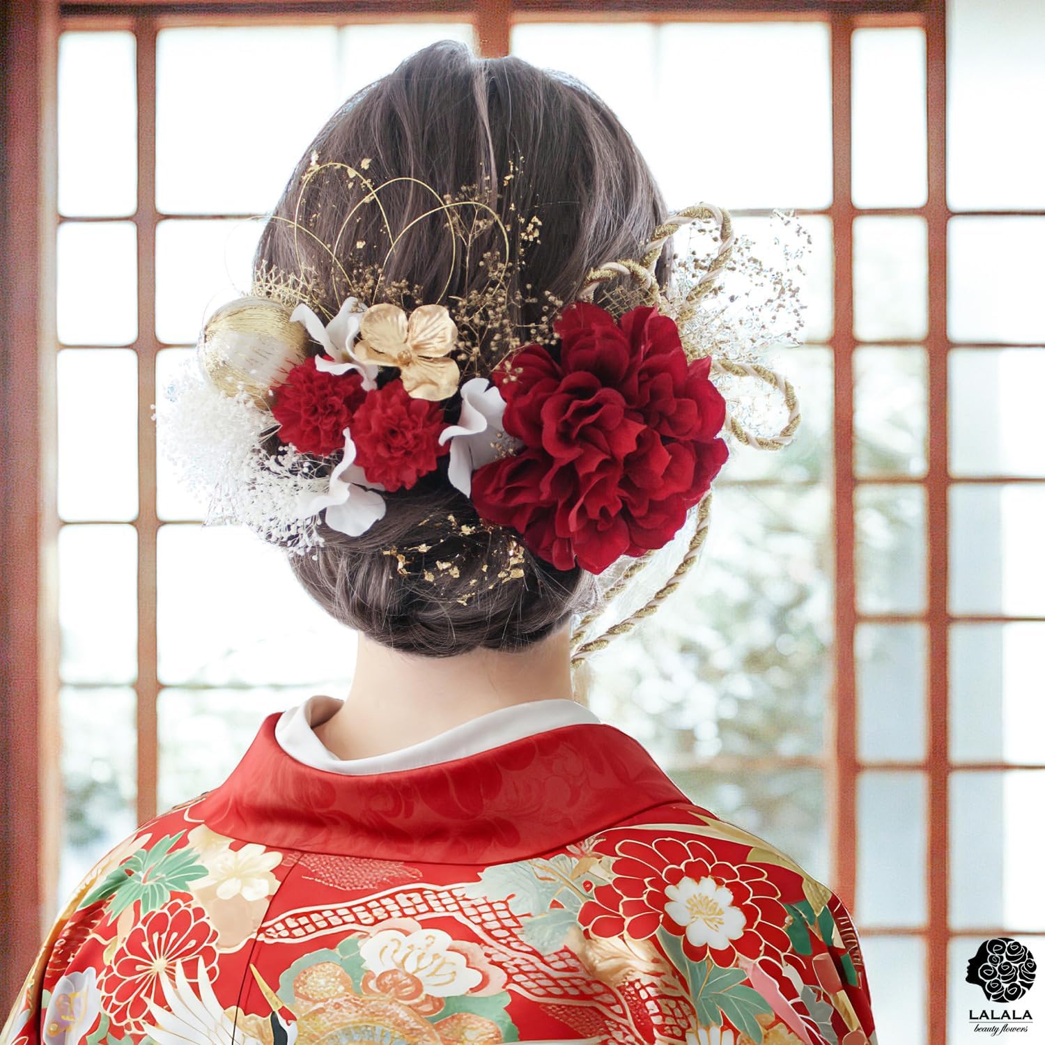 [LALALA beauty flowers] Украшение для волос на церемонию совершеннолетия, красный Фурисодэ, красный выпускной, кимоно Хакама, кимоно Шичигосан, свадебный аксессуар для двадцатилетних, аксессуар для волос (красный георгин/ Красная мама) 2101a, фото 4