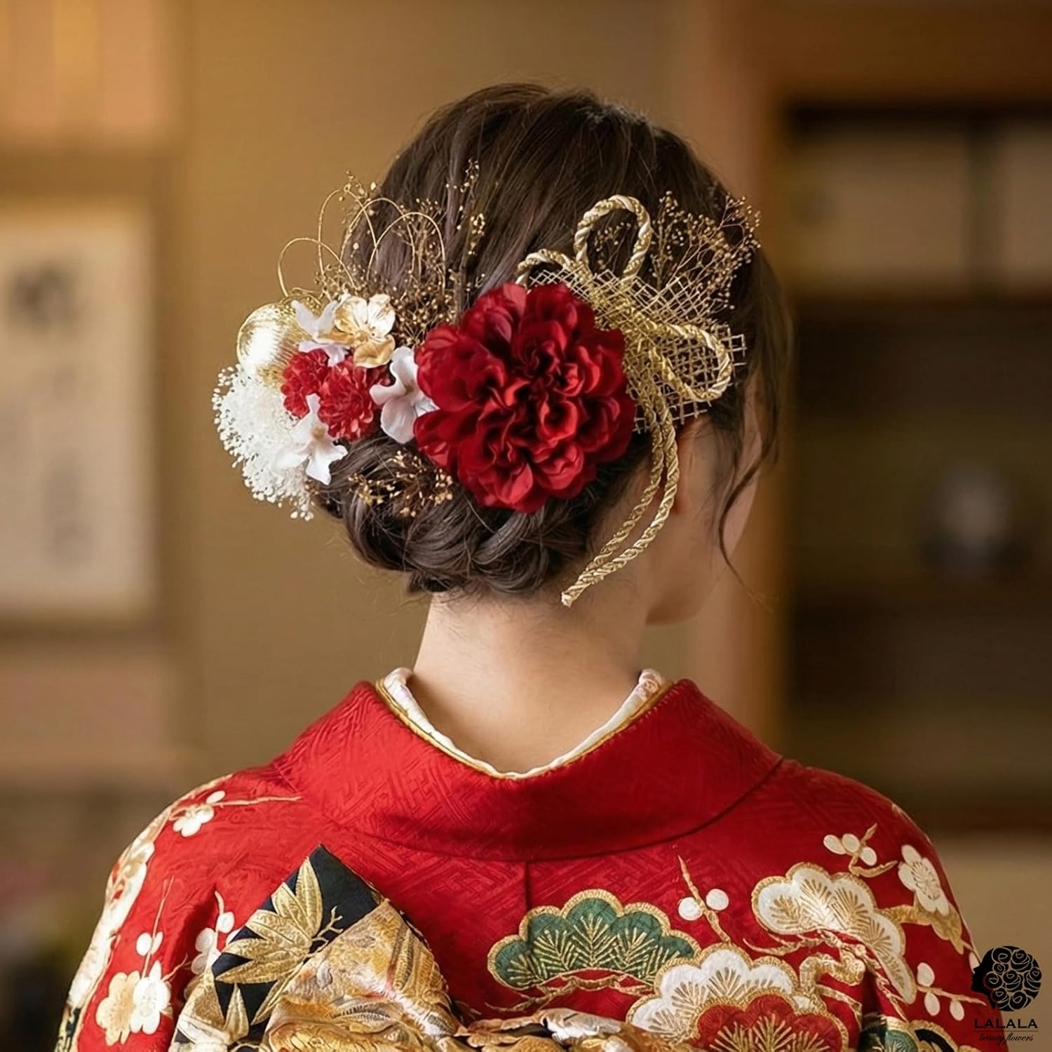 [LALALA beauty flowers] Украшение для волос на церемонию совершеннолетия, красный Фурисодэ, красный выпускной, кимоно Хакама, кимоно Шичигосан, свадебный аксессуар для двадцатилетних, аксессуар для волос (красный георгин/ Красная мама) 2101a, фото 5
