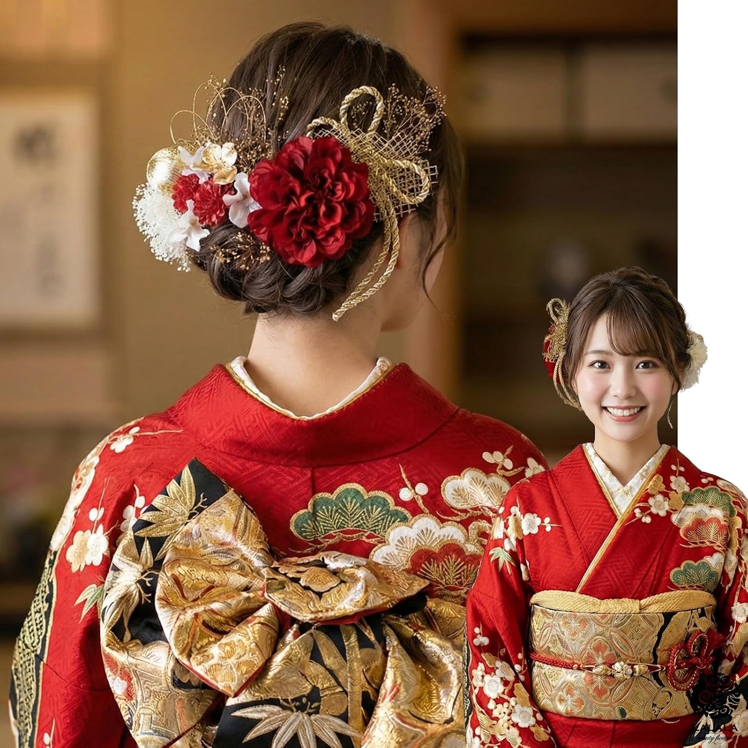 [LALALA beauty flowers] Украшение для волос на церемонию совершеннолетия, красный Фурисодэ, красный выпускной, кимоно Хакама, кимоно Шичигосан, свадебный аксессуар для двадцатилетних, аксессуар для волос (красный георгин/ Красная мама) 2101a, фото 6