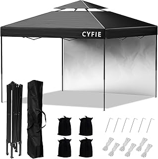 CYFIE タープテント 3mx3m サイドシート1枚付 ワンタッチタープ 風抜けベンチレーター付 テント ワンタッチ 高さ3段階調節 uvカットコーティング 高耐水加工 ワンタッチテント 組立て簡単 持ち運び便利 砂袋·ペグ·ロープ·収納ケース付 ワンタッチタープテント アウトドア キャンプ 運動会 祭り用 (ブラック, 3m×3m(本体))