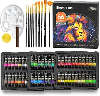 Shuttle Art アクリル絵の具 82点セット 66本 ペイントブラシ10本 パレート付き 速乾 耐久 チューブ 22ml 手作り 布/石/ガラス/セラミックに描ける 子供用 イラスト 塗り絵 クラフト 美術 画材 宿題 初心者 専門家