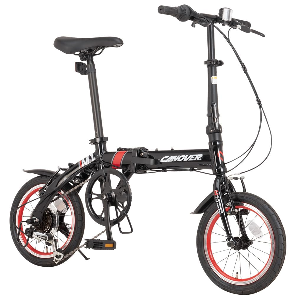 CANOVER Folding Bicycle, 14-Inch, Shimano 6-Speed Shifter, 46T Large Crank, Lightweight, Approx. 10kg, Aluminum Frame, CA-M1 Black Accessories not included