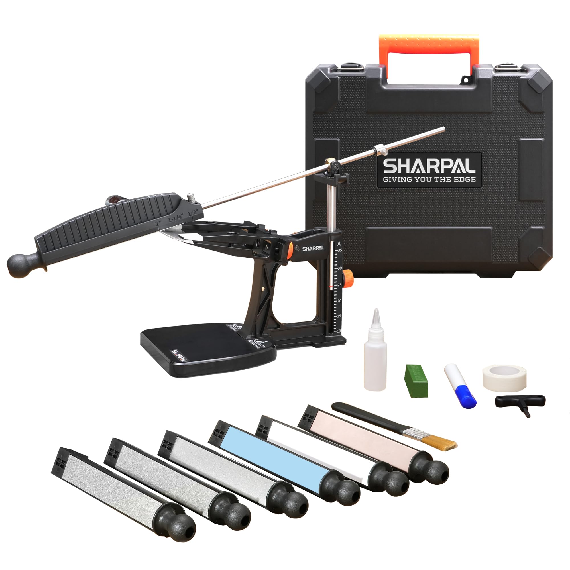 SHARPAL 202H Precision Knife Sharpening System - Angle Adjustable (10-35°) Knife Sharpener Kit with 7 Types of Polishing Plates (Diamonds 220/325/600/1000, Whetstone 3000/6000, Leather Strobe) Includes Carrying Case for Gift 202H /