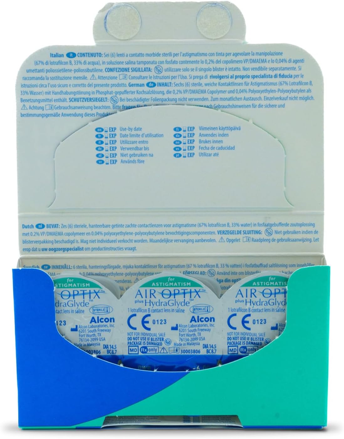 Контактные линзы Air Optix Plus Hydraglyde для астигматизма, 1 упаковка, BC 8.7, -0.75, ось 180, PWR -5.00 -5.0 -0.75 180 BC 8.7, фото 4