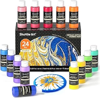 Shuttle Art アクリル絵の具 ポーリングアート絵の具 23色セット メタリックカラー キラキラ 60ml シリコンオイル付き フルイドアート 注ぐアートワーク用 画材セット 初心者 プレゼント