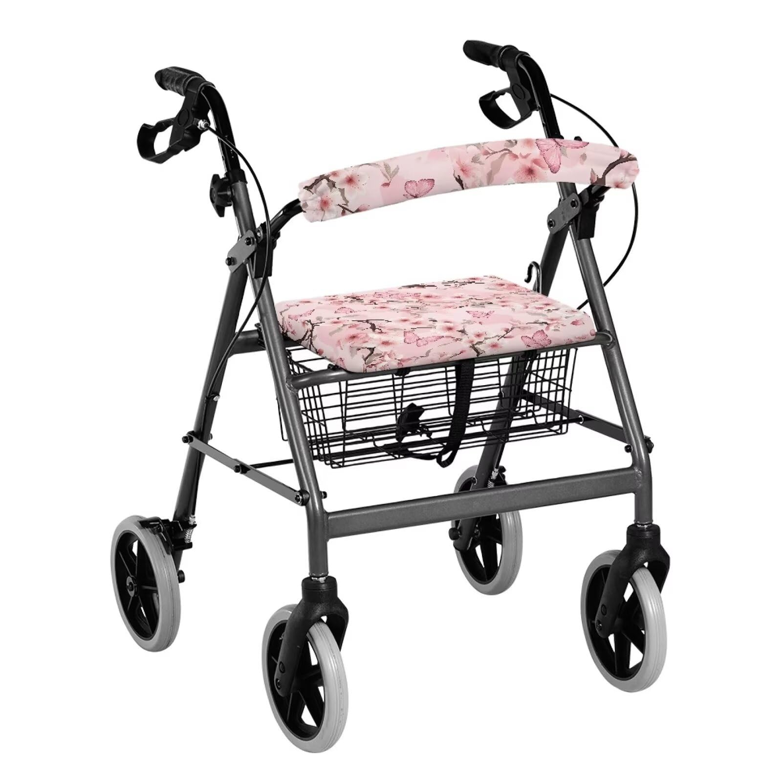 Cherry Blossoms Rollator Accessories ウォーカーシートカバー 女性用 ピンク ローラーウォーカー シートと背もたれカバー レディース 洗濯可能 高齢者用 シートギフトカバー付き 桜蝶
