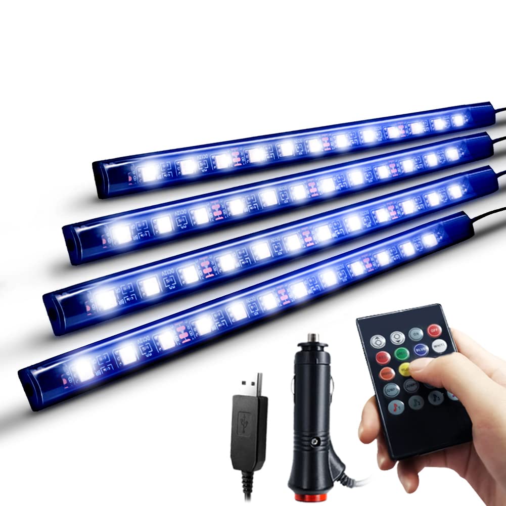 Car LED Tape Light USB & Cigarette Socket 2-Way Power Supply for Car Interior Decoration Waterproof High Brightness Sound Reactive RGB 8-Color Switching Multiple Flash Modes 4 Lighting 12 LED x 4 Remote Control