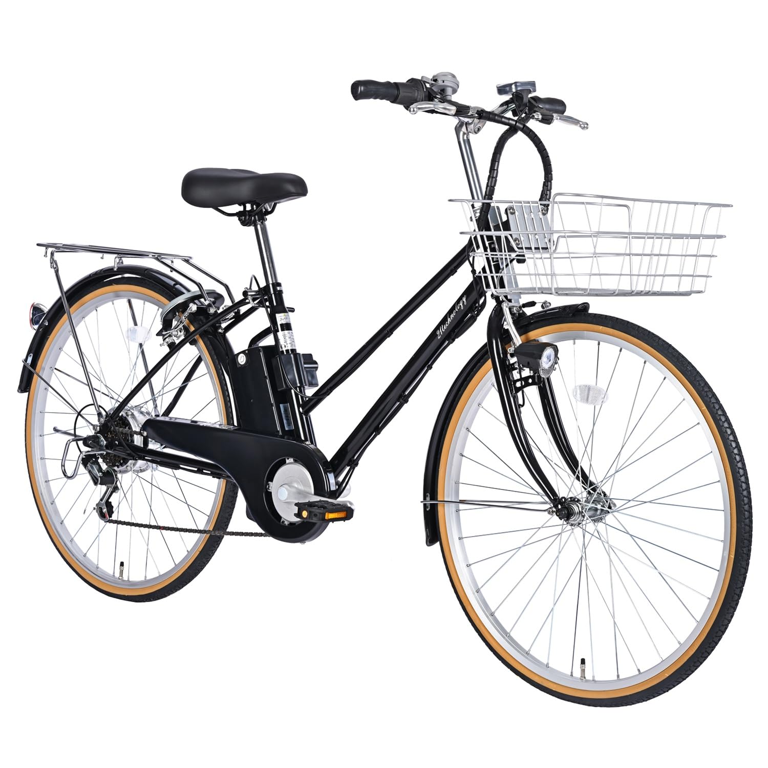21Technology Electric Assist Bicycle (26-Inch) Shimano External 6-Speed Gear Electric Assist City Cycle Certified Lithium Ion Battery DACT266 jet black