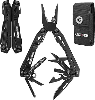 SWISS+TECH 多機能ペンチ アウトドアマルチツール 16-in-1 マルチプライヤー サバイバルツール ロック機能搭載 カッター 栓抜き ヤスリ 缶切り ドライバー 防災用 アウトドア DIY 登山 キャンプ 修理 防災 釣り ブラック