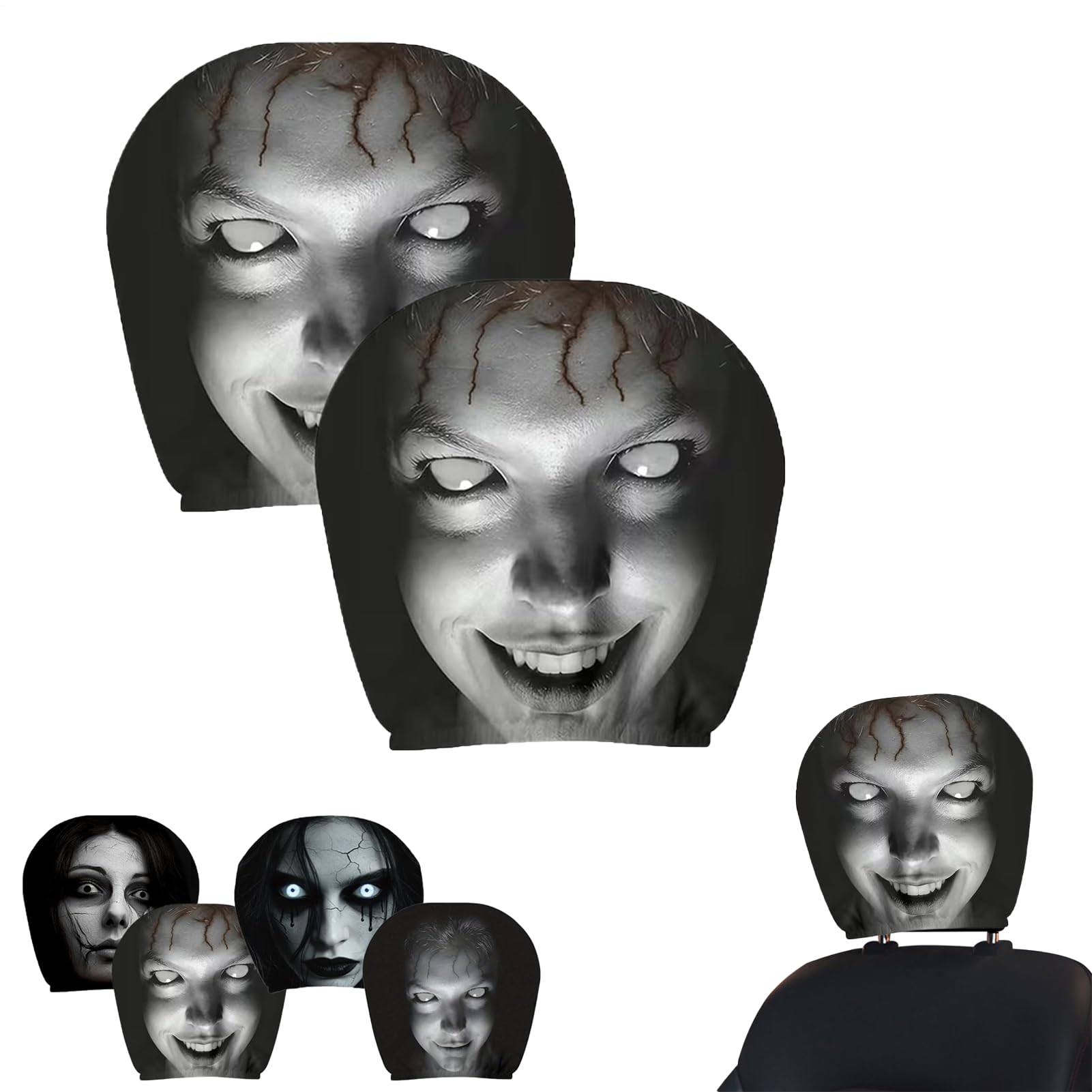 2pcs Ghost Face Car Headrest Covers, Funny Scary Face Headrest Covers, Decorative Accessories Color D