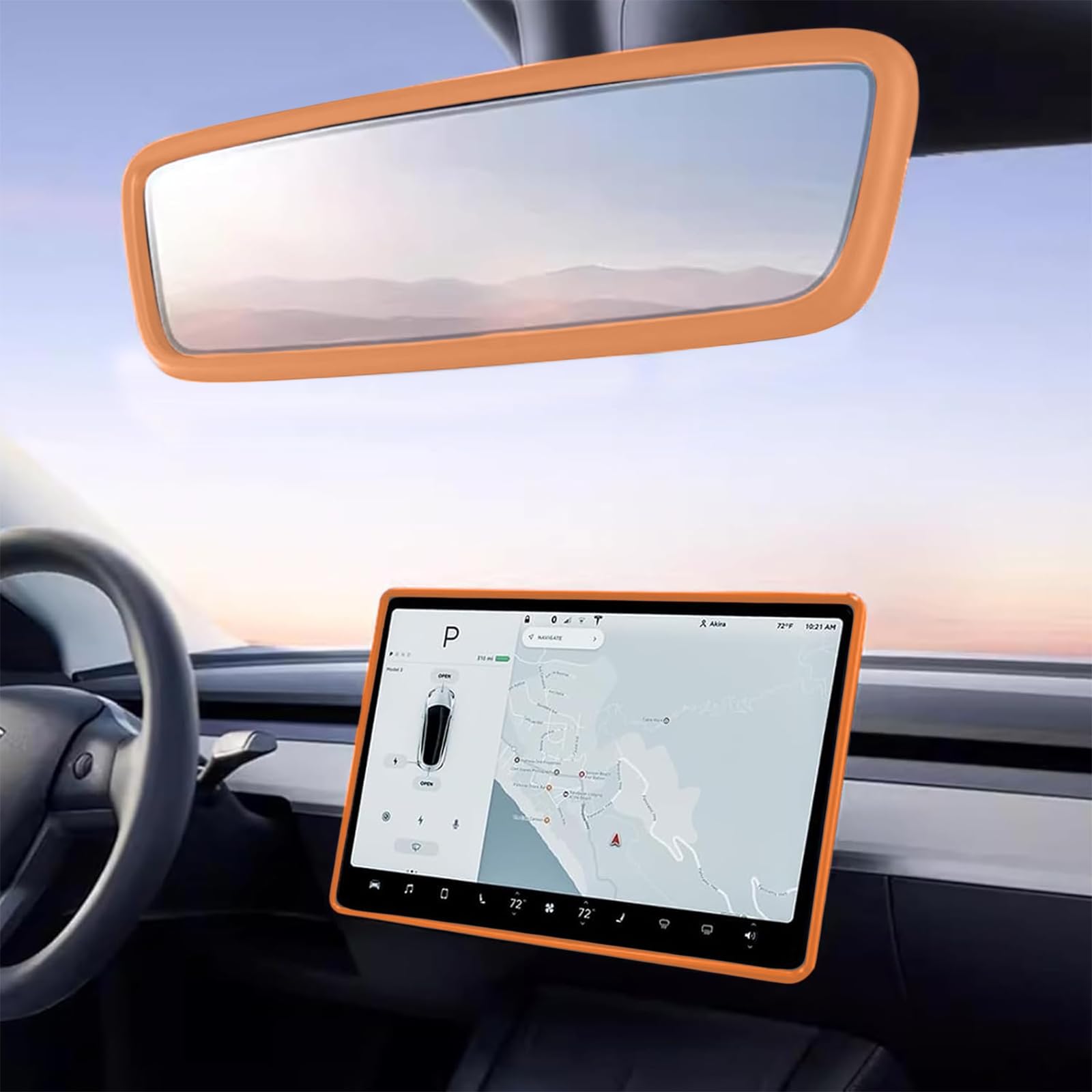 2pcs Protector Trim Frame for Tesla Model 3 Model Y (2019-2024 2025) Screen Edge Frame Rearview Mirror Cover Interior Silicone Decoration Center Console Decor Accessories (Orange)