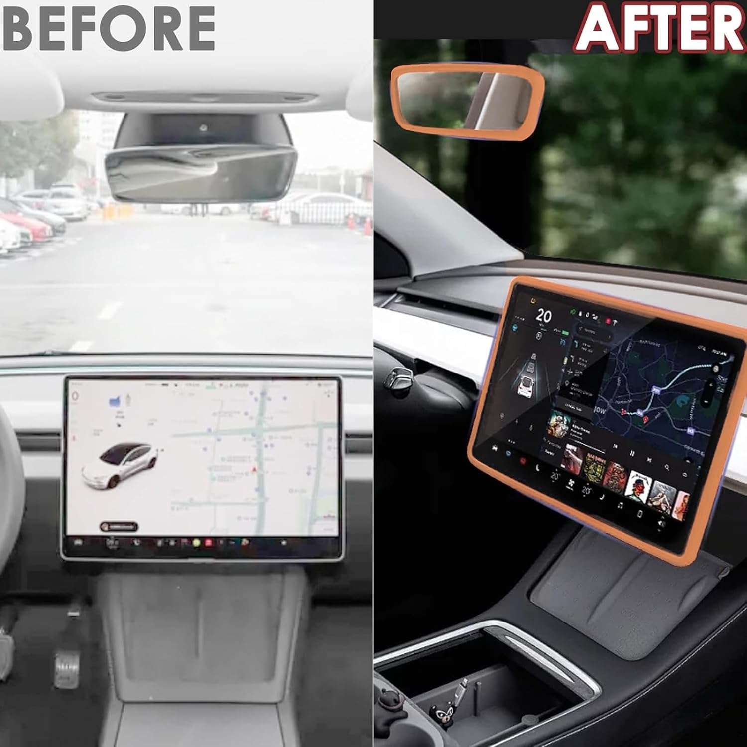 2 защитные накладки, совместимые с Tesla Model 3 Model Y (2019-2024 2025) Рамка по краям экрана, Крышка зеркала заднего вида, Внутренняя силиконовая отделка, декоративные аксессуары Центральной консоли (оранжевый), фото 2