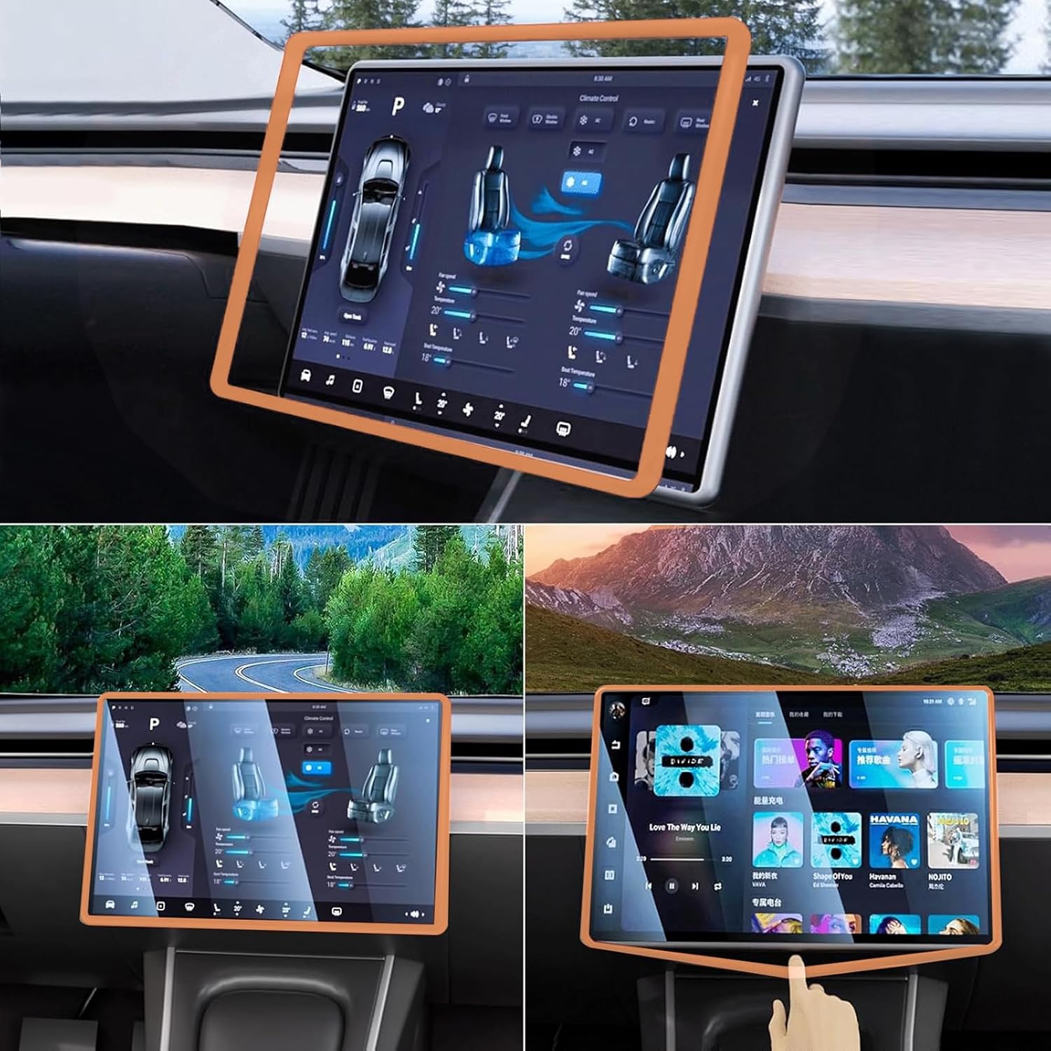 2 защитные накладки, совместимые с Tesla Model 3 Model Y (2019-2024 2025) Рамка по краям экрана, Крышка зеркала заднего вида, Внутренняя силиконовая отделка, декоративные аксессуары Центральной консоли (оранжевый), фото 3