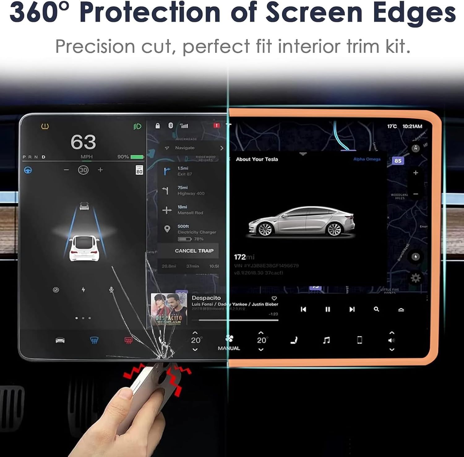 2 защитные накладки, совместимые с Tesla Model 3 Model Y (2019-2024 2025) Рамка по краям экрана, Крышка зеркала заднего вида, Внутренняя силиконовая отделка, декоративные аксессуары Центральной консоли (оранжевый), фото 6