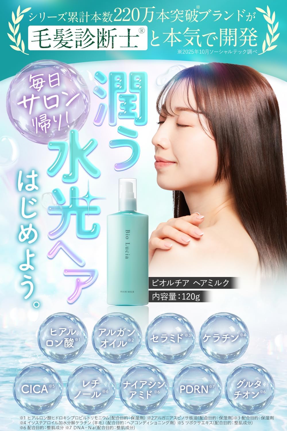 【Developed in collaboration with a Hair Diagnostician (R)】Bio Lucia Bio Lucia Hair Milk, Leave-in Treatment, Out-bath Treatment, Ladies and Men, Hyaluronic Acid, CICA, Glutathione, Retinol, PDRN 1)1本