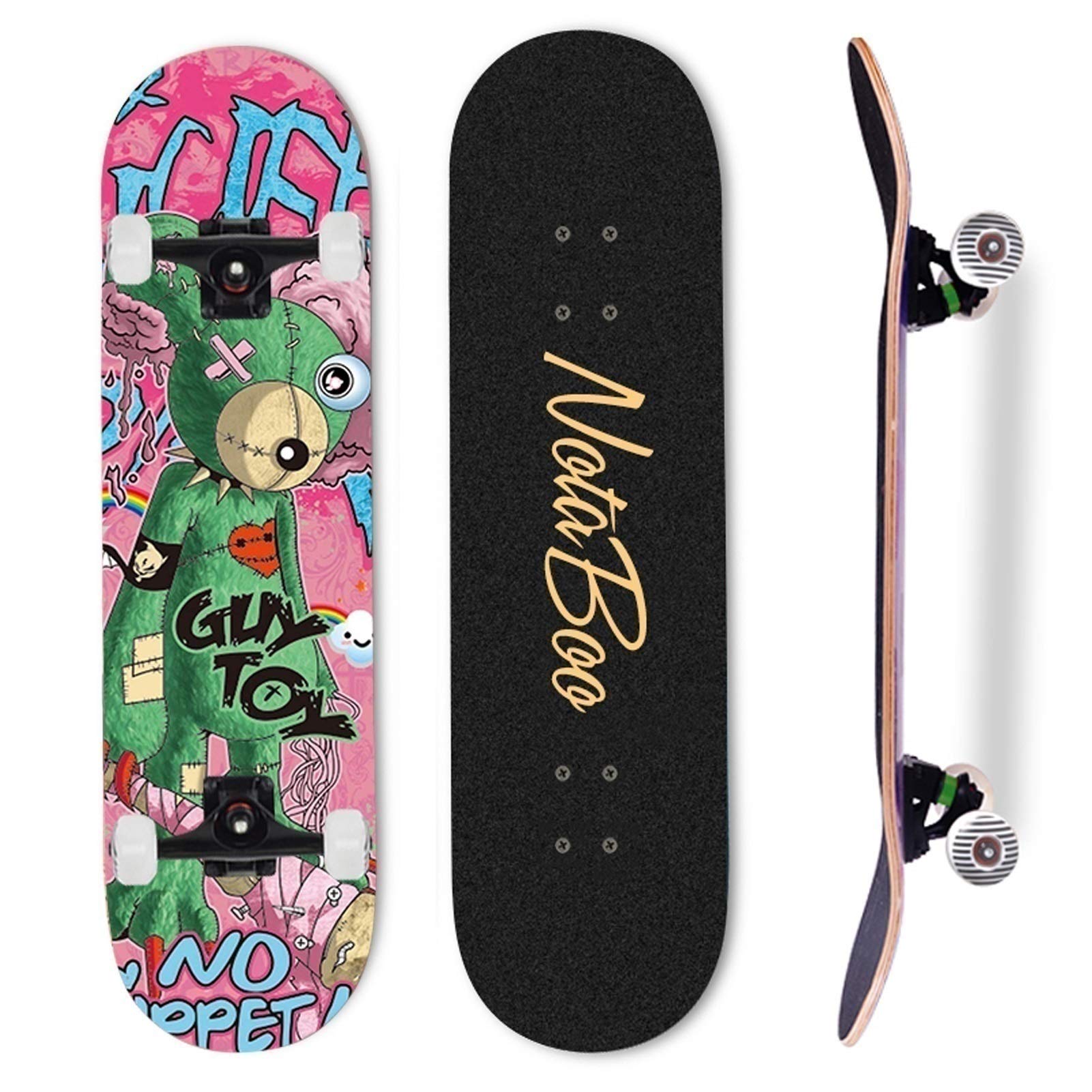 Skateboard Skateboard, 31" x 7.5" Complete Set, Bearings, Cartoon Pleated, Plain, Cute, Fashionable, For Beginners, Kids, Adults, Youth, Children, Birthday, Present, Long Skateboard, Deck, Mini, Pro