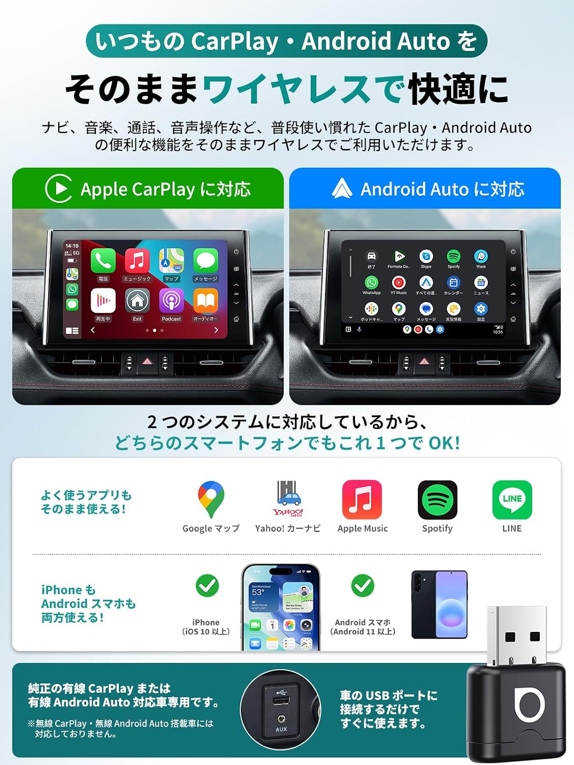 【Официальный】 Адаптер Ottocast Mini Aura Wireless CarPlay/Android Auto Adapter Black / Без использования кода, автоматически подключаемого при запуске двигателя, вы можете с комфортом использовать свой обычный смартфон с Siri, Google Maps, Spotify, LINE voice и т.д. в сумке или кармане., фото 3
