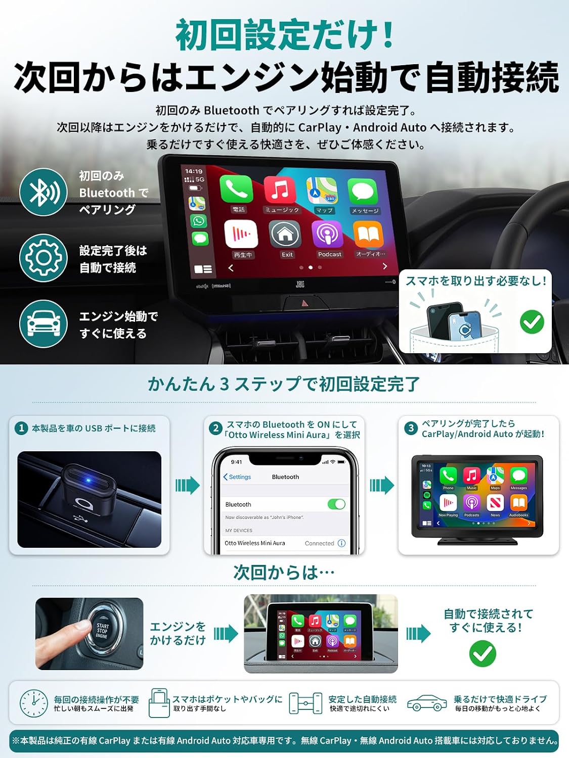 【Официальный】 Адаптер Ottocast Mini Aura Wireless CarPlay/Android Auto Adapter Black / Без использования кода, автоматически подключаемого при запуске двигателя, вы можете с комфортом использовать свой обычный смартфон с Siri, Google Maps, Spotify, LINE voice и т.д. в сумке или кармане., фото 6
