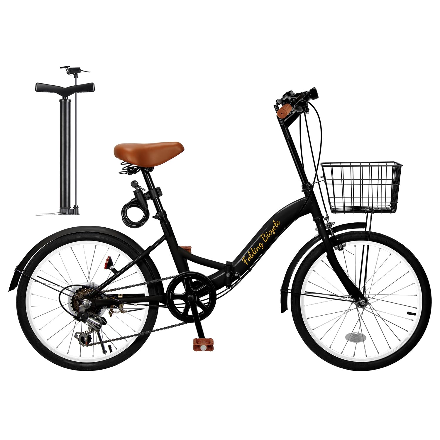 Mixiu Folding Bicycle, 20 Inches, Lightweight, Quick Folding, P-O8, Shimano 6-Speed Gears, High Carbon Steel Frame, Adjustable Handle/Saddle Height, Mud Guards, Wire Lock, Basket, Air Pump, Unisex Black