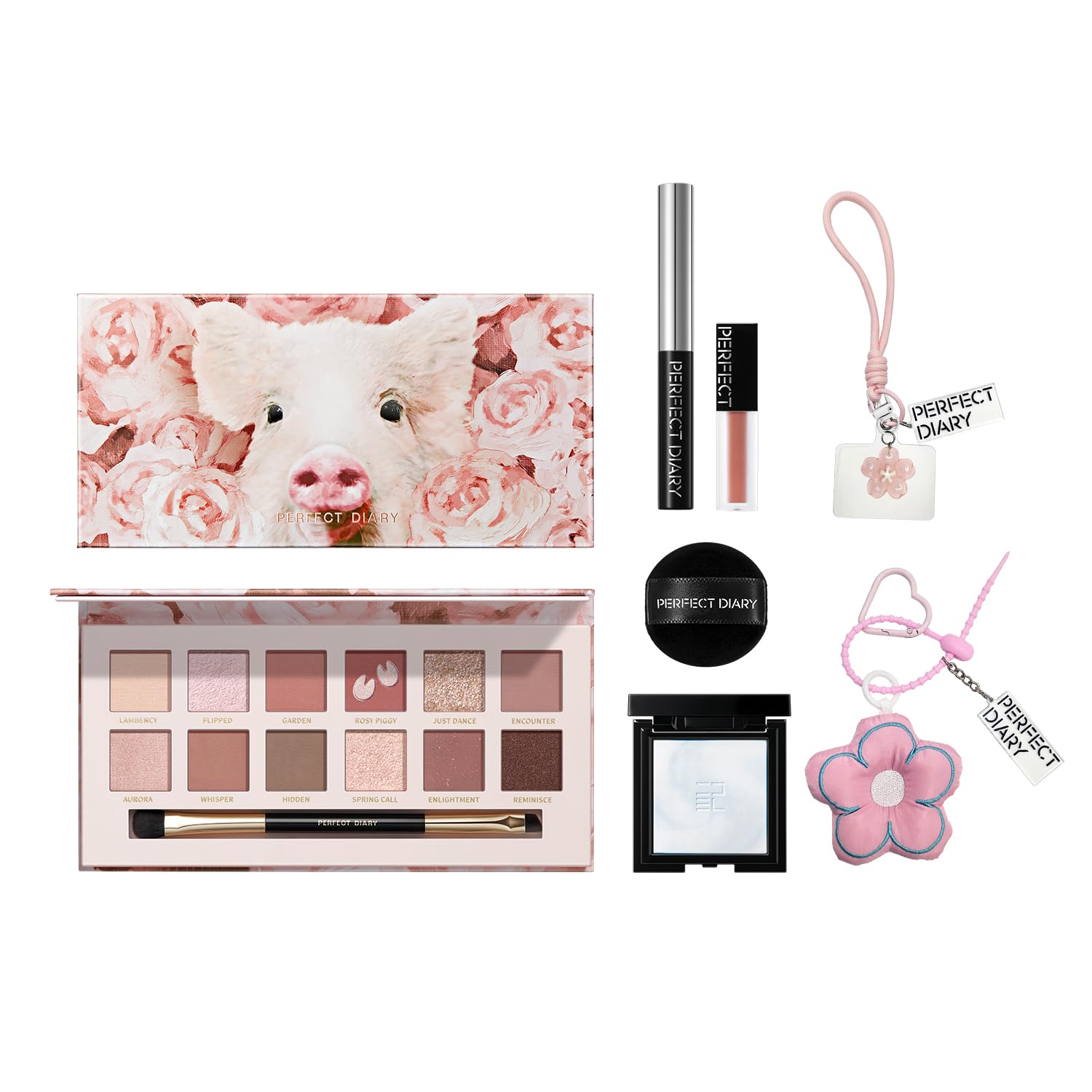 Perfect Diary (Spring and Summer Popular Cosmetic Gift Set) Eyeshadow Setting Powder Mascara Flower Viewing Spring Outings Gift Birthday Present Cherry Blossom Accessory Base Makeup Set C