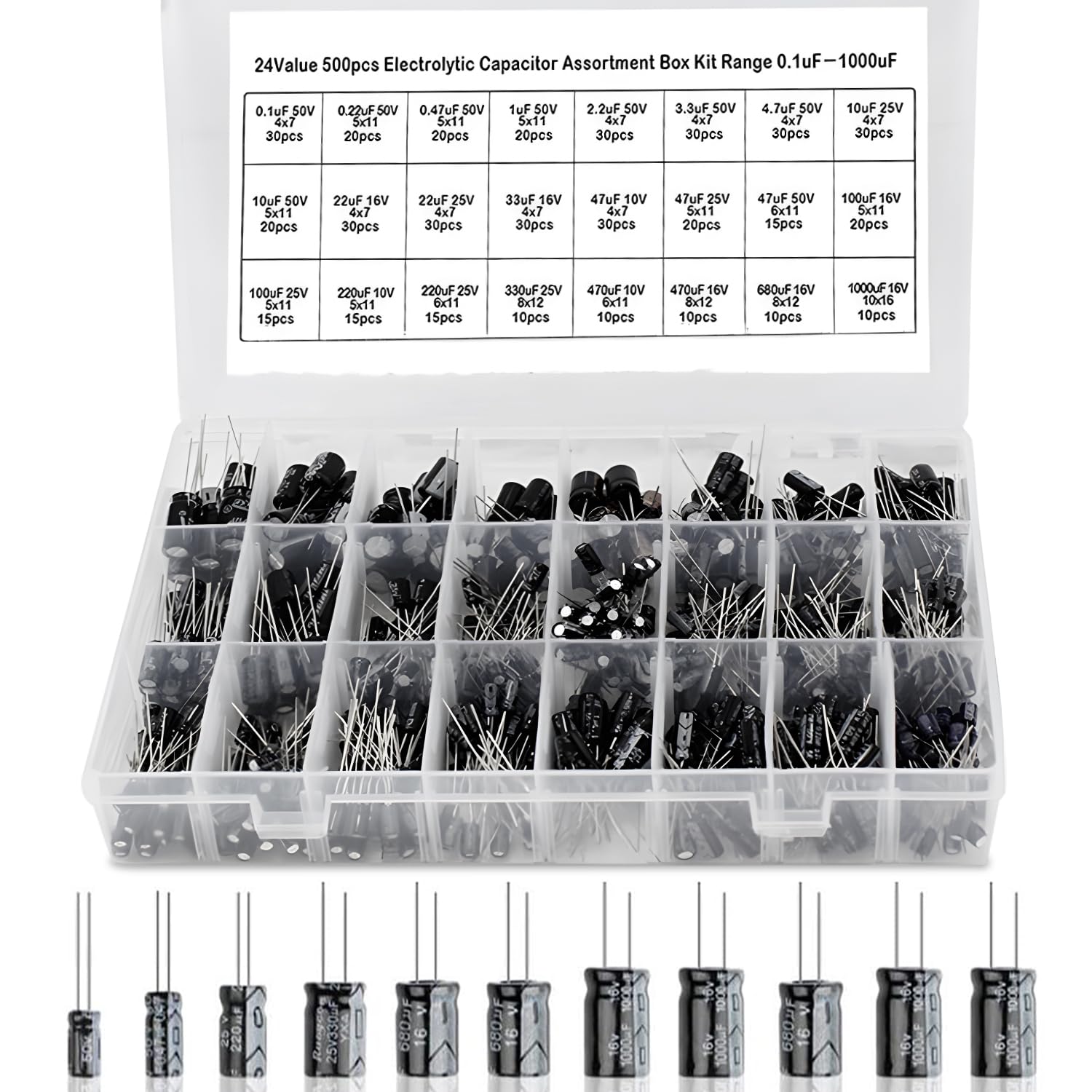 Electrolytic Capacitors, Aluminum Electrolytic Capacitors, 24 Types, 500 pcs, Electronic Component Bags, 0.1uF-1000uf, Basic Parts Set, Electrolytic Capacitor Set, High Frequency, Low