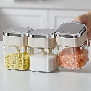 ZASA調味料入れ 3個セット 380mlスパイスボトル スプーン付き 塩入れ 塩 容器 砂糖入れ ふりかけ 容器 調味料 収納 スパイス入れ キッチン用品 密閉 調味料ボトル おしゃれ シュガーポット 正方形 砂糖ケース ふりかけボトル (調味料いれ3個セット)