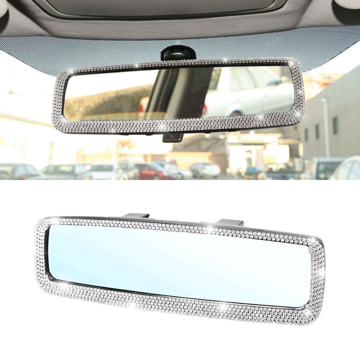 Bling Car Rearview Mirror Rhinestone Crystal Clip-on Rearview Mirror with HD Glass for Most Car, SUV, Vehicle Car Interior Accessories for Women Girls (White)