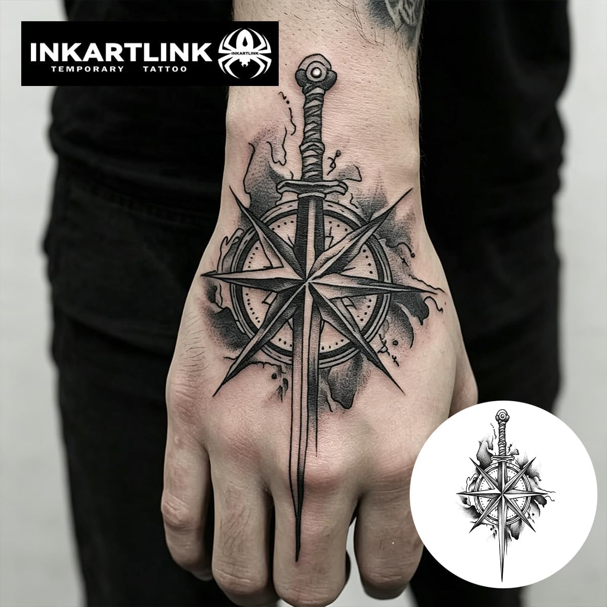 Технология татуировки INKARTLINK Tattoo Tech на 2 листах Средняя полупостоянная татуировка для взрослых, художественный дизайн, временная татуировка на 1-2 недели, водонепроницаемый, реалистичный внешний вид, отсутствие отражения (True North Blade), фото 2